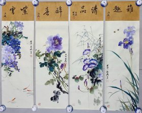 紫气东来，花鸟四条屏，贾海瑞老师，准大红袍画家，荣宝斋签约画家。国家一级美术师。张大千笔意传承人，都是海瑞老师纯手绘亲笔所画，海瑞的定制宣纸，假一赔万，正面一幅画，背面一幅画，都是本人精心收藏的，实际画的比照片拍出来要漂亮的多，笔法苍劲有力，浓淡干湿焦，行云流水，有收藏证书的。30×98的，家里客厅，卧室，玄关，书房都可悬挂，大气，家中有字画，必是富贵家，闭眼入，真的特别好看。带老师合影和收藏证书
