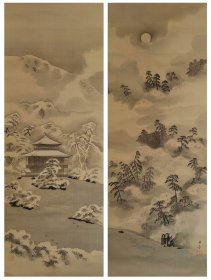 川端玉章（1842－1913）二对幅 岚山金阁图 茶挂 茶室 茶器 字画 古笔 南画 日本画 挂轴 国画 文人画 古画 老画