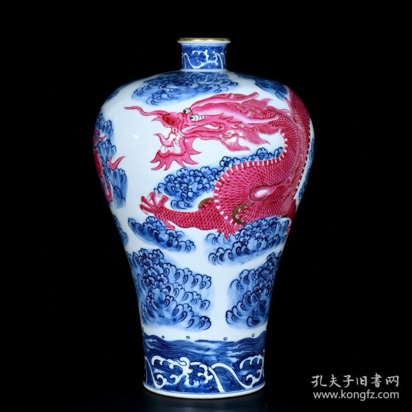 清乾隆青花浮雕胭脂红描金龙纹梅瓶44/29厘米
