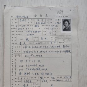 1977年教师登记表：*国珍 工农民办小学 /东风 人民公社工农大队5队 贴有照片