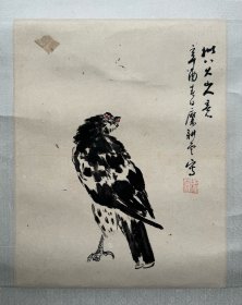 糜耕云国画拟八大山人意画鹰。糜耕云（1910—1998.10.8），别名朝旭，别署阿弥，江苏无锡人。早年专学山水画，后为张大千入室弟子，苦学张氏笔墨，艺事大进，技法全面，功力深厚。作品多次发表。为上海美协会员、上海书协会员、上海文史研究馆馆员。