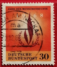联邦德国邮票 西德 1968年 国际人权年 徽志 月桂花环 人权火焰 1全信销