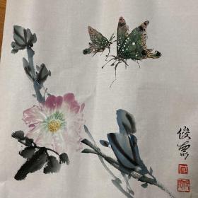 手绘真迹国画：四川著名画家何俊德花鸟画《牡丹花花与蝴蝶》2023/08/02