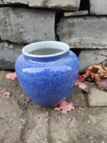 霁蓝釉小罐 火石红底包浆一流满彩完整