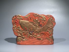 徽州吉庆有余朱砂摆件墨 重约606g，14.3×10.6×2.6cm，可以写字的朱砂墨！