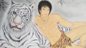 工笔人物画 美少年与老虎 工笔男人体和老虎