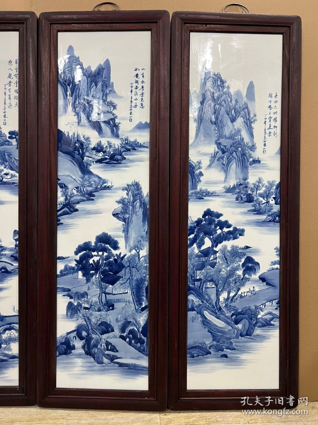 珠山八友＂王步＂青花山水 四条屏瓷板画