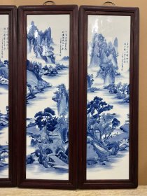 珠山八友＂王步＂青花山水 四条屏瓷板画