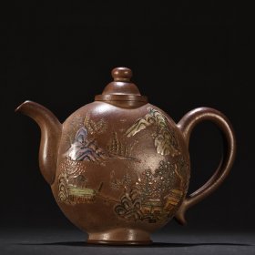 季初款 紫砂加彩山水图茶壶
