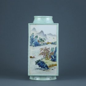 清乾隆 天青釉开窗粉彩山水诗文图四方瓶
高度20.5cm，口径6cm，肚径9.6cm