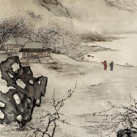 日本近代著名女性画家奥原晴湖少见细笔山水画，梅花书屋图，绢本绫裱无轴头，画心小有墨渍，画心128*50。有晴湖弟子泷胁晴华鉴定木箱，双重木箱，以及印谱对照鉴定图。203