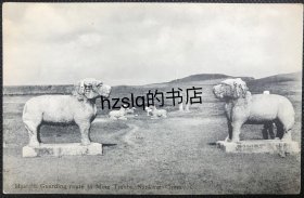 【影像资料】清末南京明孝陵神道石像路石獬豸及周边景象明信片，可见远处石马、华表等。上海BURR Photo发行，品佳难得