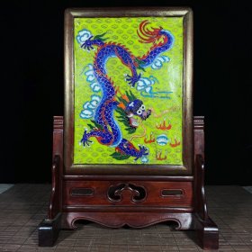 景泰蓝掐丝珐琅加瓷板画双面工屏风，血龙木底座，高30厘米，宽20.5厘米，重1037克