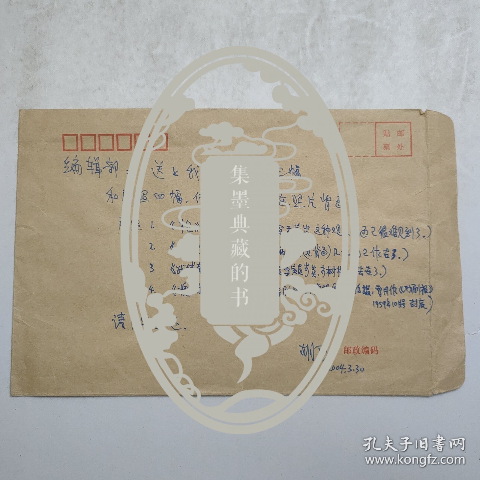 L56-22：已故著名剧作家 中国戏剧家协会副主席—胡可 2004年致编辑部信札一页(写在信封皮上 未寄出)