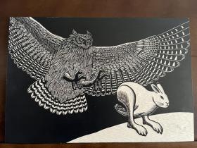 木刻版画：《夜空下的猫头鹰》1