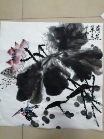 手绘国画荷花翠鸟