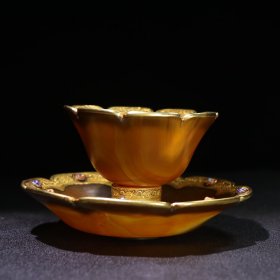 旧藏和田玉唐代时期老玛瑙银鎏金松石镶嵌宫廷盘