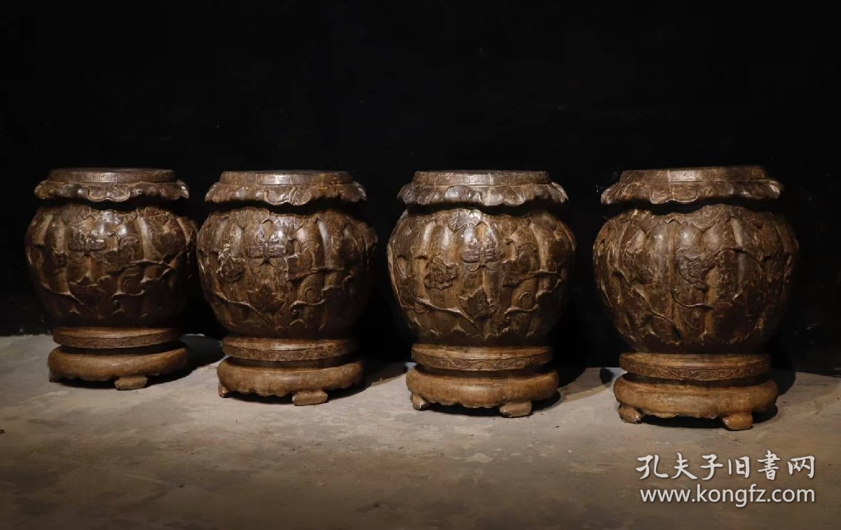 （议价） 清代青石瓜棱花纹绣墩一套高52cm最大直径40cm面直径27cm