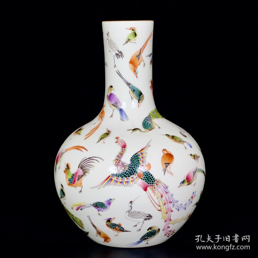 清雍正珐琅彩百鸟纹天球瓶2 33/23厘米