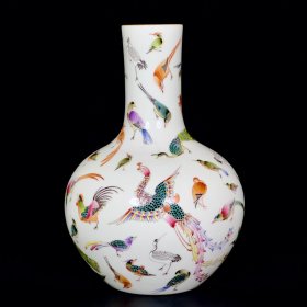 清雍正珐琅彩百鸟纹天球瓶2 33/23厘米