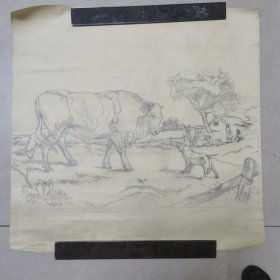 素描牛狼图