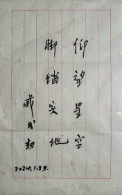 戚发轫题词《仰望星空，脚踏实地》。发轫，1933年生于辽宁省复县。空间技术专家，国际宇航科学院院士，中国工程院院士，中国空间技术研究院顾问，北京航空航天大学宇航学院名誉院长，博士生导师。1957年从北京航空学院飞机系毕业后分配到中国运载火箭技术研究院工作。1967年调入中国空间技术研究院从事卫星和飞船的研制；1983年担任中国航天科技集团公司第五研究院院长；1992年担任神舟飞船总设计师之职。