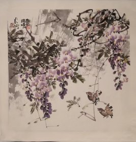 彭柯、彭石合作精品68cmX68cm。紫藤花是彭柯老师最为擅长的题材之一。紫藤有紫气东来之意，象征着好运即将来临。两只鸟儿好事成双，点景到位有趣，生动活波。紫藤花浓淡相宜栩栩如生，特别是紫藤枝干的用笔，老辣生动，体现出画家的扎实的功底与刚毅的个性。背景淡墨的巧妙分割让画面的意境更加耐人寻味。下单前请熟读我的“个人签名”。