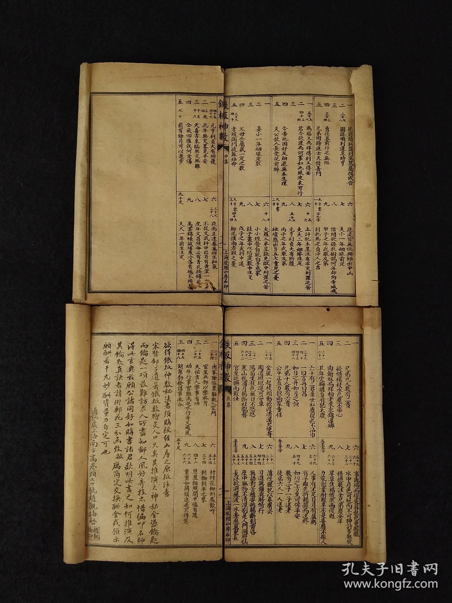 清代晚期【神机妙算铁版神数】全套八本、分:乾、坤、子、丑、寅、卯、辰、巳、午、未、申、酉、戌、亥、共十四集，完整无缺，为中国古代命理术数，包括了易卦、河图洛书纳甲、子平八字、紫微斗数七政四余几方面的知识相传由宋朝时的邵雍（邵康节）所发明后兴盛于清代铁板神数历来被认为是最高境界的算命术相传铁板神数大师仅靠算盘拨算几下以查条文形式批命便可尽泄天机尤其是六亲生肖一一道来应验无误，其准确率令人咋舌称叹。