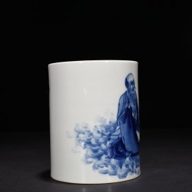 旧藏 民国竹溪道人王步青花罗汉纹笔筒三 15*12厘米