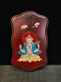 收藏彩绘漆器镶贝壳盒装《四臂观音砚台》 尺寸：长23.5CM.宽14.5CM.厚5CM 重量：总4.88斤