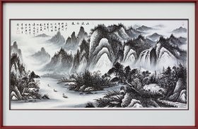 山水画，纯水墨风格，山迎水送，宣纸软片已经托底，回家可以直接装框了，不带框的价格，只是放框里让大家看看效果，真人真迹纯手绘作品，假一赔万，支持第三方鉴定，都是本人精心收藏的，中国书画协会会员唐建平老师的原创大作，笔法苍劲有力，浓淡干湿枯，枯笔的转峰，行云流水。尺寸为1.4米×70公分，四尺整张的，家里客厅，卧室，书房，茶室，办公室都可悬挂，不挑地方，带老师合影。