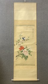 出口创汇老画一幅84.5*42cm《春色满园》，原装裱立轴，绢本精美工笔花鸟画。