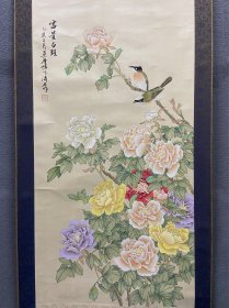 涛石，江苏籍画家，八十年代工笔花鸟《富贵白头图》