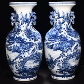 清乾隆青花清明上河图双耳瓶 高81.5厘米宽41.5