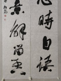 曲朝阳大幅书法对联180×32cm*2《山鸟无心时自语，林花有意解留香》，软片。曲朝阳，中国书法家协会会员，黑龙江省画院研究员，肇东市书法家协会副主席，肇东书画院院长。（保真书画）