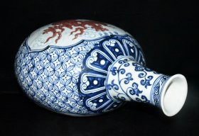 旧藏 明代永乐青花釉里红龙纹扁瓶一对【45×34×23cm】