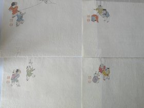 经典荣宝斋童趣彩笺一套4张。有注录，见到即是缘。 规格:28.5*18.5cm。 信笺纸数量: 4张。 ​ 放风筝和捉迷藏是吴光宇画，徐燕荪的徒弟。翻跟头和背小孩的两枚是陈林斋画的，绰号小孩陈，也是勾摹韩熙载夜宴图的画家，印章是“陈启湖”，他是“湖社”的中坚人物。