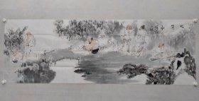 保真书画，广东名家，张向钧六尺对开《七贤图》人物画60×180cm软片。附赠作者本人快递作品的信息单及《张向钧特刊杂志》。张向钧，现为中国美术家协会会员、广东画院签约画家、广东省中国画学会副秘书长、国家文化部中外文化交流中心国韵文华书画院特聘画家、中央文史馆书画院南方分院特聘画家，珠海市古元美术馆研究策划部主任、珠海画院画家、珠海市美协中国画艺委会副主任。作品曾十一次参加中国美协主办的全国性画展