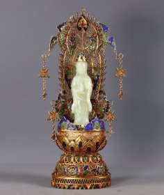 旧藏花丝鎏金镶嵌和田玉观音一尊