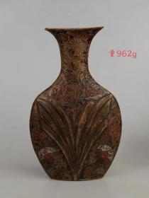 旧藏  纯铜花瓶，通体花卉图案，保存完整，实拍如图！
