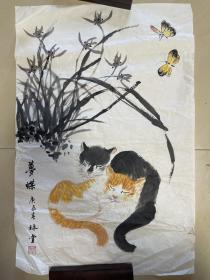 冯林堂写意花鸟画国画水墨猫咪画字画作品条幅纯手绘