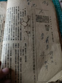 民国二十六年江西省《五区教育公报》第十五十六号合刊一册。含浮梁县二十六年度教育行政计划（夏兆纶）完整，彭泽县二十五年度上学期视导第五区各县教育总报告（朱希仁），最后五页是第十一十二号合刊。民国时期江西省教育资料，浮梁县有初级陶瓷职业学校资料，是景德镇地方陶瓷教学参考文献。共19个单页