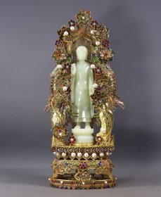 旧藏花丝鎏金镶嵌和田玉佛像一尊