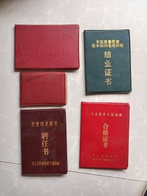 唐山市一个人的证件五本合售（河北财贸学院结业证书1985年＋专业技术职务聘任书1989年＋工会会员证1979年＋全面质量管理基本知识电视讲座结业证书1991年＋专业技术人员培训合格证书•唐山市广播电视大学1988年）