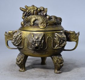 纯铜鎏金雕龙熏香炉 高16厘米宽16厘米 重量965克