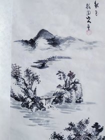 民国四尺浅绛山水画一幅，局部有破损，余完整。画心尺寸52*125CM。