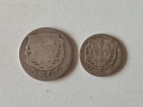钱币收藏~~~~~~~~~葡萄牙银币 1933年5埃斯库多银币，1944年2.5埃斯库多银币【共2枚合售】