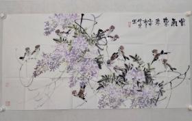 保真书画，嘉兴美术馆副馆长，嘉兴画院副院长，仲中笑四尺整纸《紫气东来》花鸟画一幅70×137.5cm软片，仲中晓，笔名仲笑、中笑。浙江省第十二届政协委员、嘉兴市第八届政协委员，中国美术家协会会员、嘉兴美术馆、嘉兴蒲华美术馆、嘉兴画院副馆（院）长。