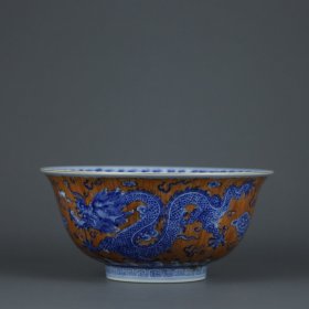 清嘉庆 木纹地青花龙凤呈祥纹碗 高度6.5cm，口径13.8cm。