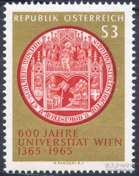 A302奥地利邮票1965年维也纳大学 老式印章1全 新 雕刻版